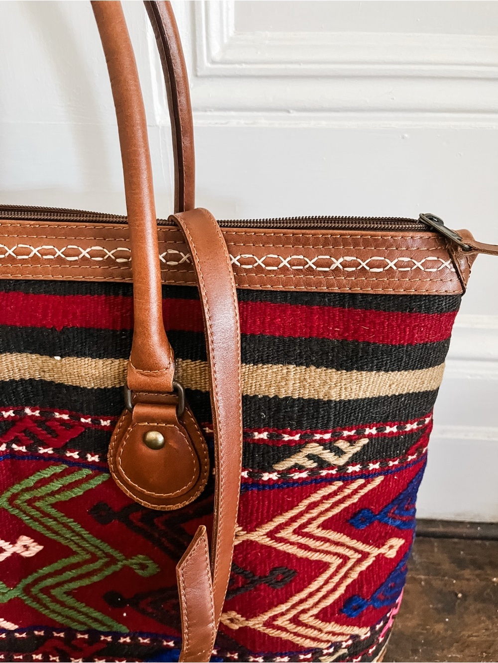Kilim weekender Tote Bag with Brown Leather Trim - Red/Multicolor - Picture 2 of 8